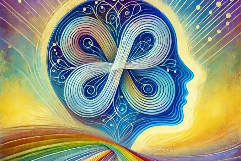 A vibrant abstract representation of a human head filled with colourful thoughts and ideas encouraging neuro-inclusivity and neuro inclusio